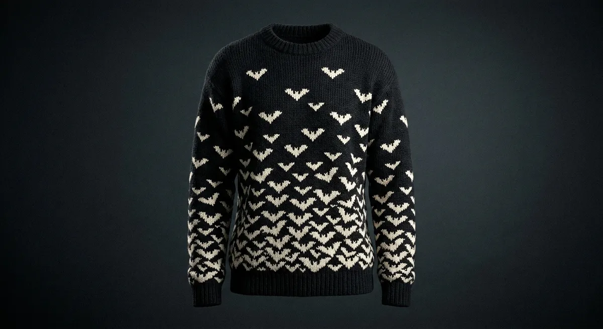 Bat Colony — A swarm of knitted bats, sparse at the shoulders, dense at the hem.