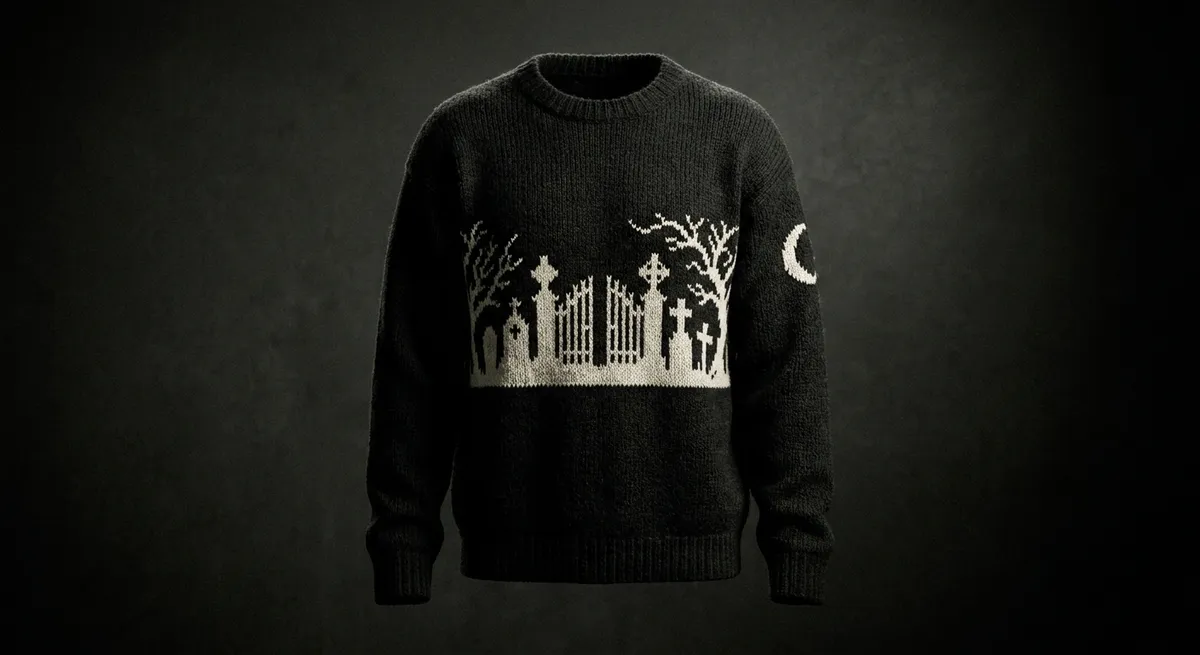 Cemetery Row — A graveyard skyline banded around the chest, crescent moon on the sleeve.
