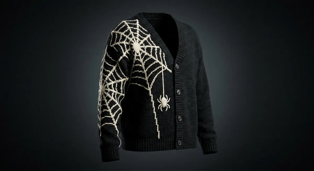 Cobweb Cardigan — A spider web spun from the shoulder, one spider descending.