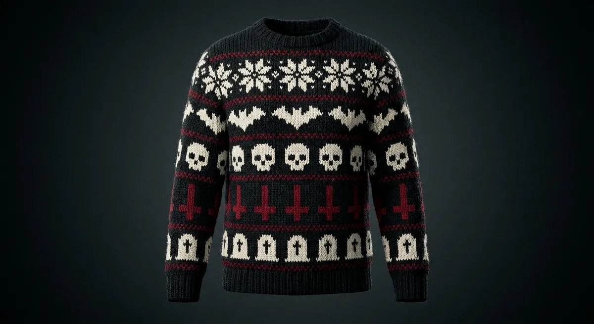 Grave Xmas — The goth ugly Christmas sweater: tombstones, bats and inverted holly.