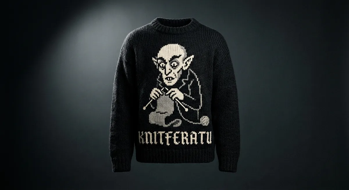 Knitferatu Kvlt — The manifesto piece: Count Orlok, knitting. Blackletter wordmark.