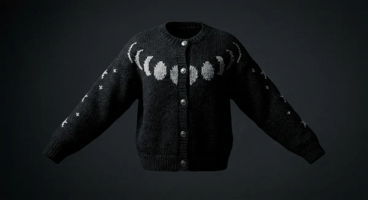 Moon Phases Cardigan — Silver moon phases across the chest, stars down the sleeves.