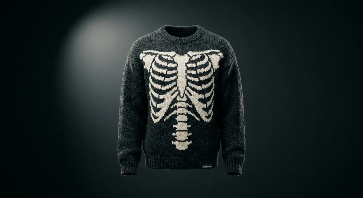 The Ribcage — Bone-white ribcage and spine, knitted stitch by stitch into black wool.