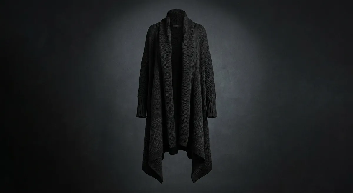 Strega Duster — Long witchy duster: asymmetric hem, shawl collar, mixed stitches.